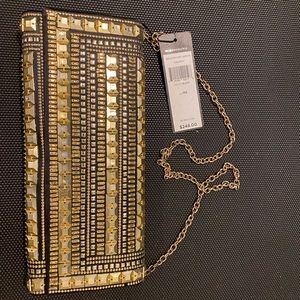 Black and gold clutch with gold chain